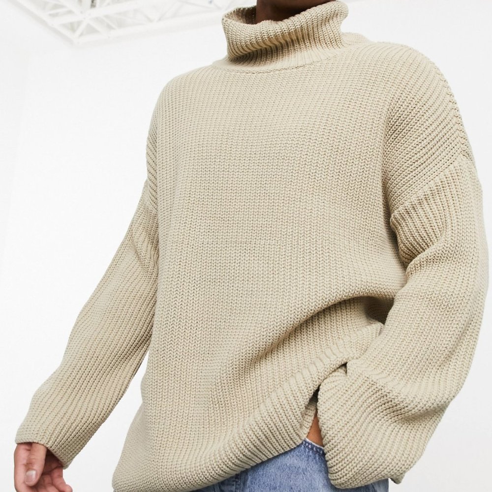 ASOS DESIGN Men's Oversized Funnel Neck Sweater, Beige, Shaker Knit, Large